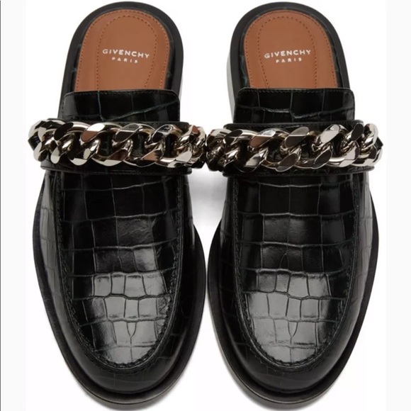 Givenchy Shoes - GIVENCHY Black Croc Embossed Chain Trim Mule
